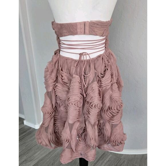ASOS Luxe Twee Romantic Corseted Bandeau 3D Floral Layered Pink Mini Dress Sz 4 - Picture 4 of 15